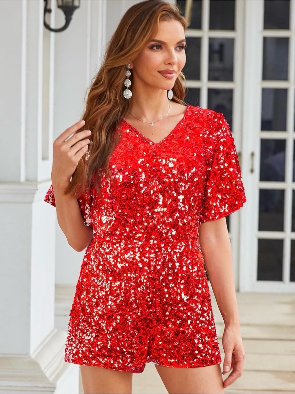 Red Sequin V-Neck Romper - Women